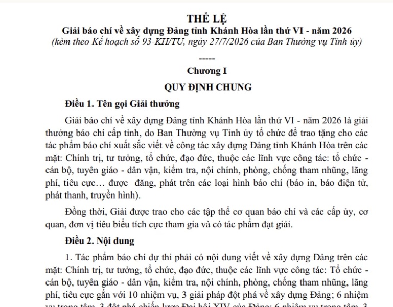 Thể lệ Giải báo chí về xây dựng Đảng tỉnh Khánh Hòa lần thứ VI - năm 2026