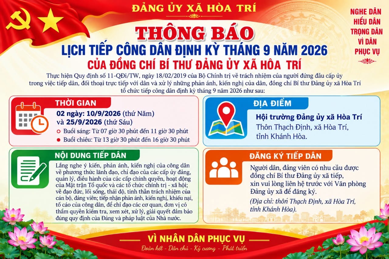 Bí thư Đảng ủy xã Hòa Trí tổ chức tiếp công dân định kỳ tháng 9 năm 2026 
