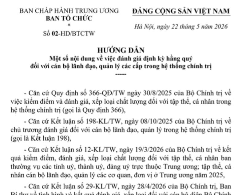 Hướng dẫn 02-HD/BTCTW: Đánh giá định kỳ hằng quý với cán bộ lãnh đạo, quản lý các cấp trong hệ thống chính trị